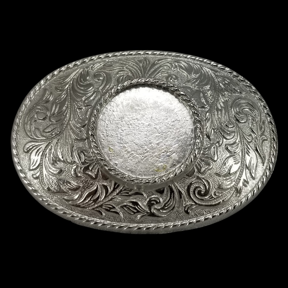 Oval Western Belt Buckle Silver Tone‎ Engraved Scroll Filigree No Center Piece